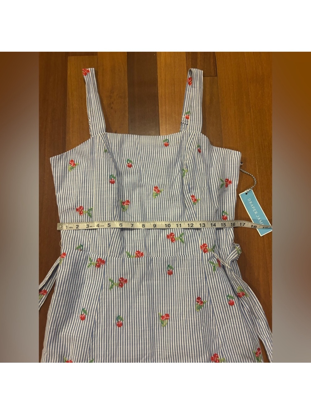 Draper James Blue and White Pinstripe Mini Dress with Red Cherry Embroidery